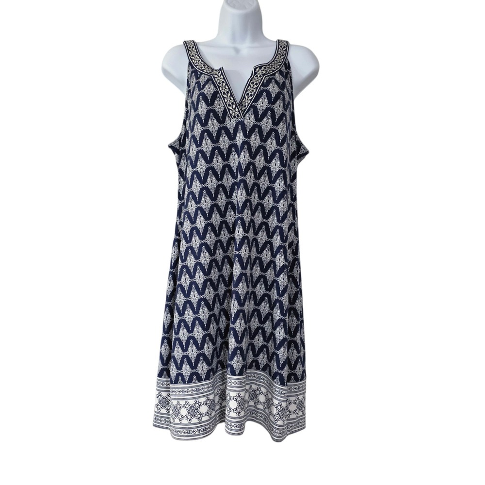 Magnolia Grace Mini Dress Womens Blue‎ White L Alhambra Embroidered V Neck Trim